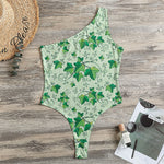 Christmas Ivy Leaf Pattern Print One Shoulder Bodysuit