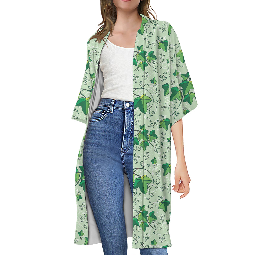 Christmas Ivy Leaf Pattern Print Open Front Beach Cover Up