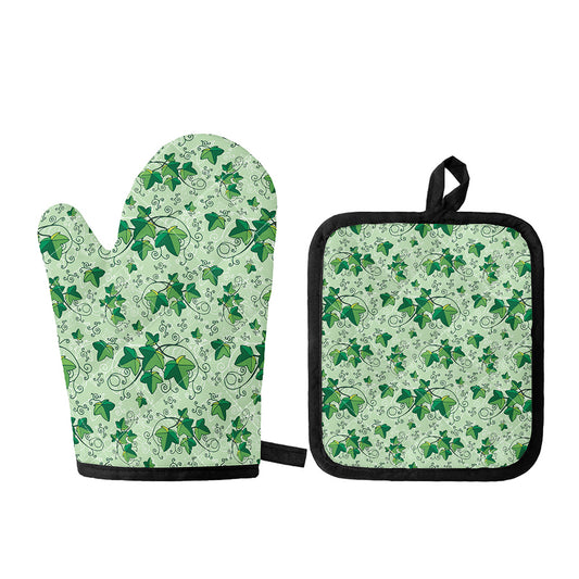 Christmas Ivy Leaf Pattern Print Oven Mitt And Pot Holder Set
