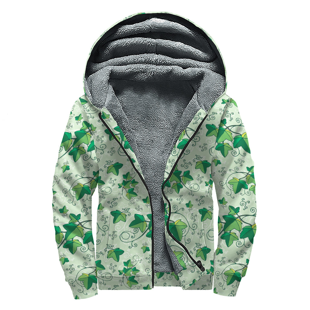 Christmas Ivy Leaf Pattern Print Sherpa Lined Zip Up Hoodie