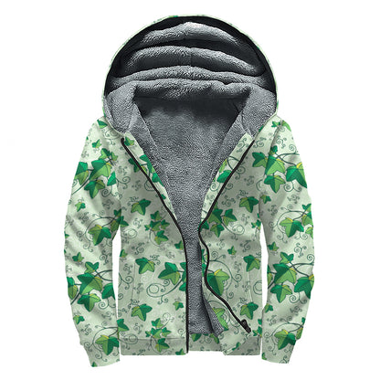 Christmas Ivy Leaf Pattern Print Sherpa Lined Zip Up Hoodie
