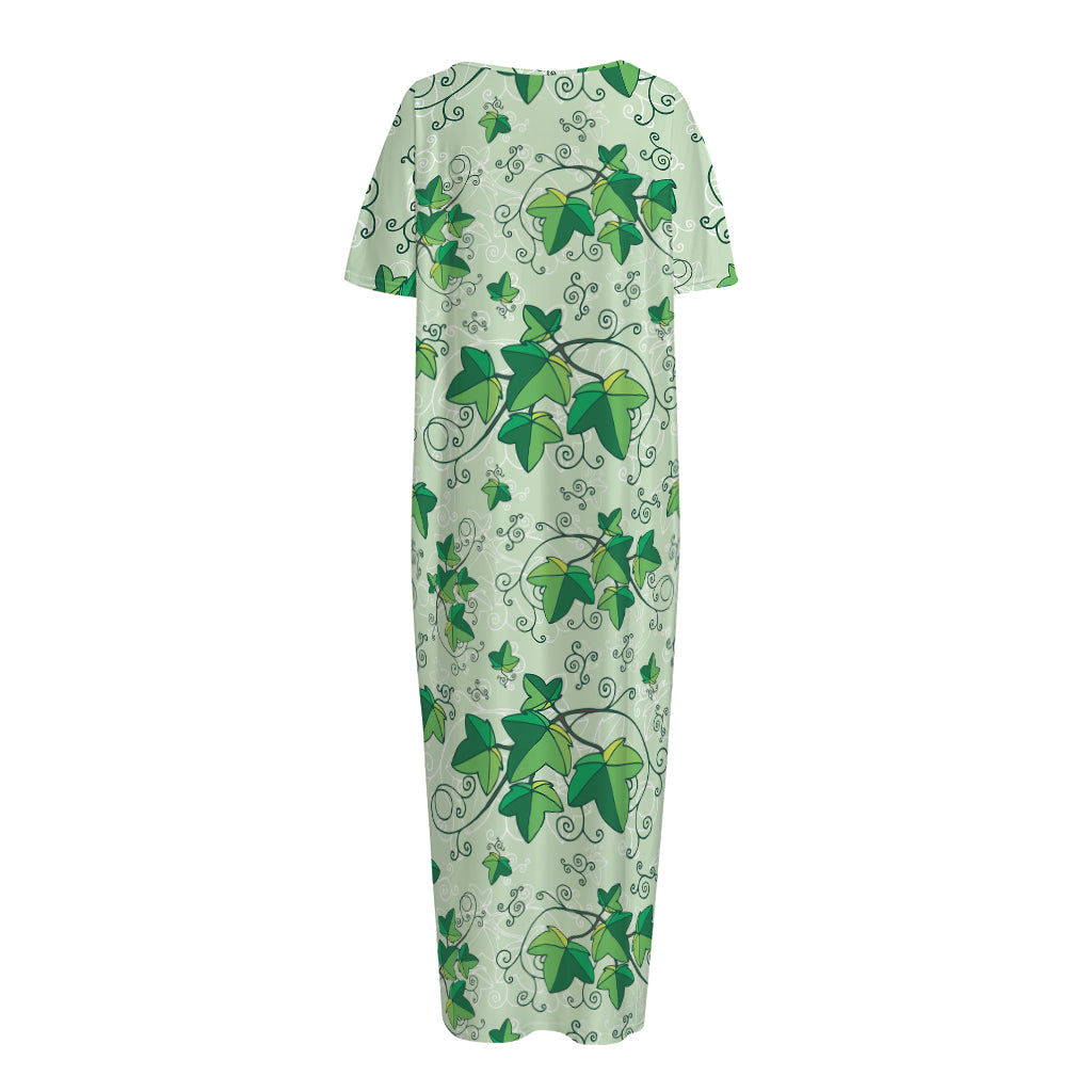 Christmas Ivy Leaf Pattern Print Short Sleeve Long Nightdress