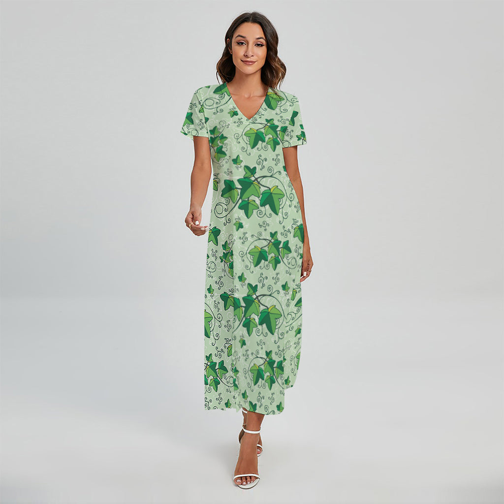 Christmas Ivy Leaf Pattern Print Short Sleeve Maxi Dress