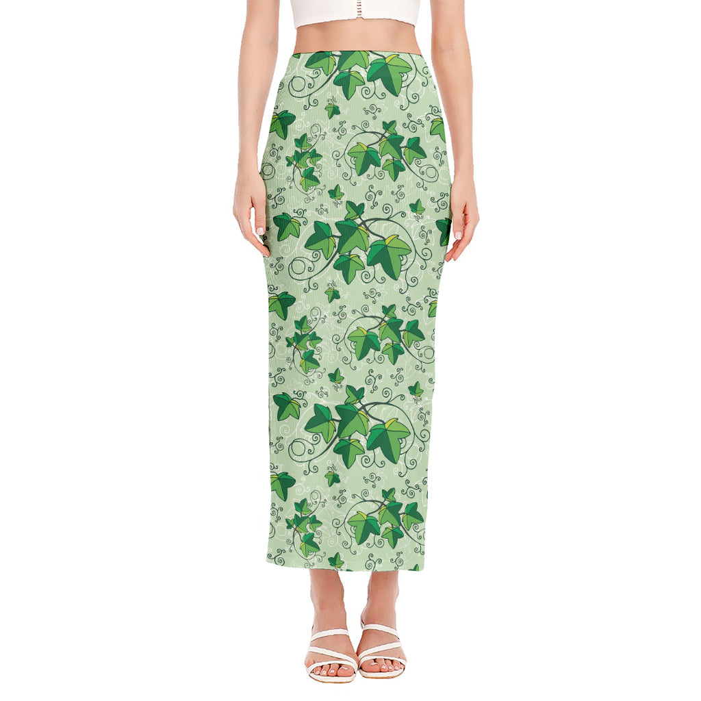 Christmas Ivy Leaf Pattern Print Side Slit Maxi Skirt