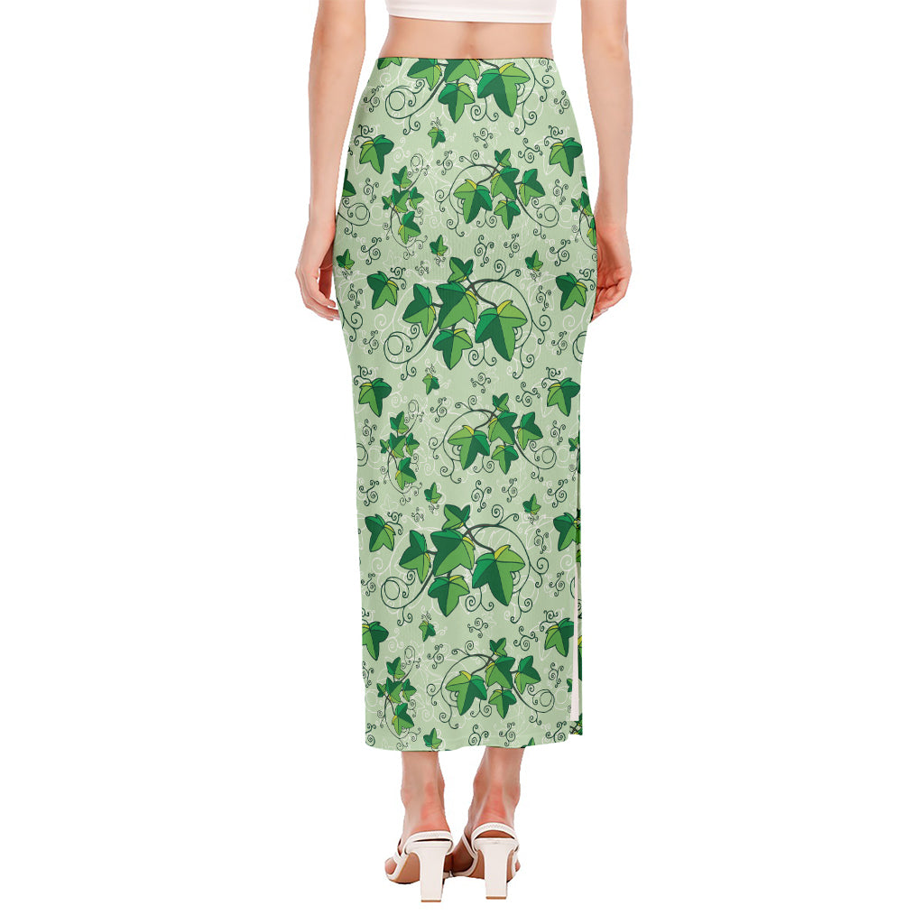 Christmas Ivy Leaf Pattern Print Side Slit Maxi Skirt