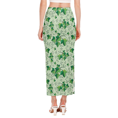 Christmas Ivy Leaf Pattern Print Side Slit Maxi Skirt