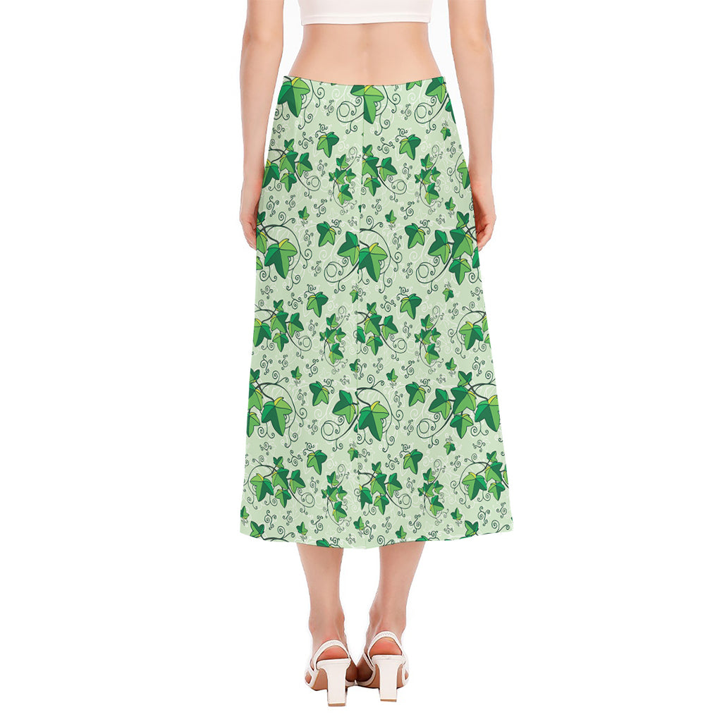 Christmas Ivy Leaf Pattern Print Side Slit Midi Skirt