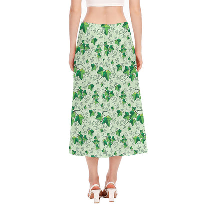 Christmas Ivy Leaf Pattern Print Side Slit Midi Skirt