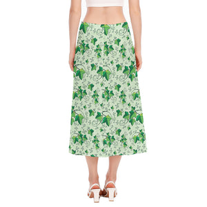 Christmas Ivy Leaf Pattern Print Side Slit Midi Skirt