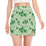 Christmas Ivy Leaf Pattern Print Side Slit Mini Skirt