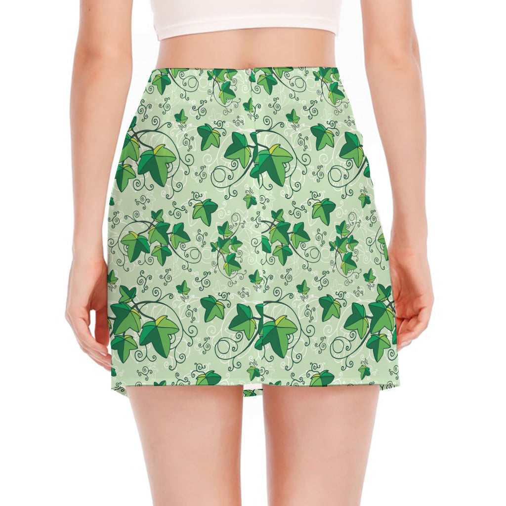 Christmas Ivy Leaf Pattern Print Side Slit Mini Skirt