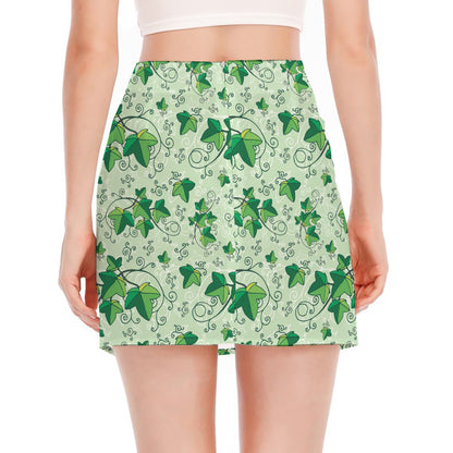 Christmas Ivy Leaf Pattern Print Side Slit Mini Skirt