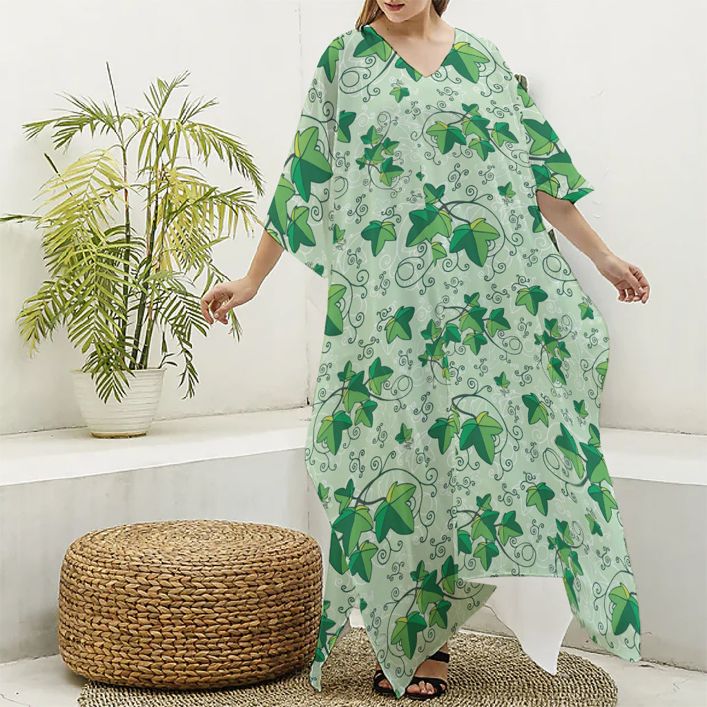 Christmas Ivy Leaf Pattern Print Silk V-Neck Kaftan Dress
