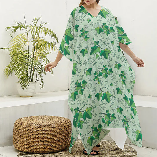 Christmas Ivy Leaf Pattern Print Silk V-Neck Kaftan Dress