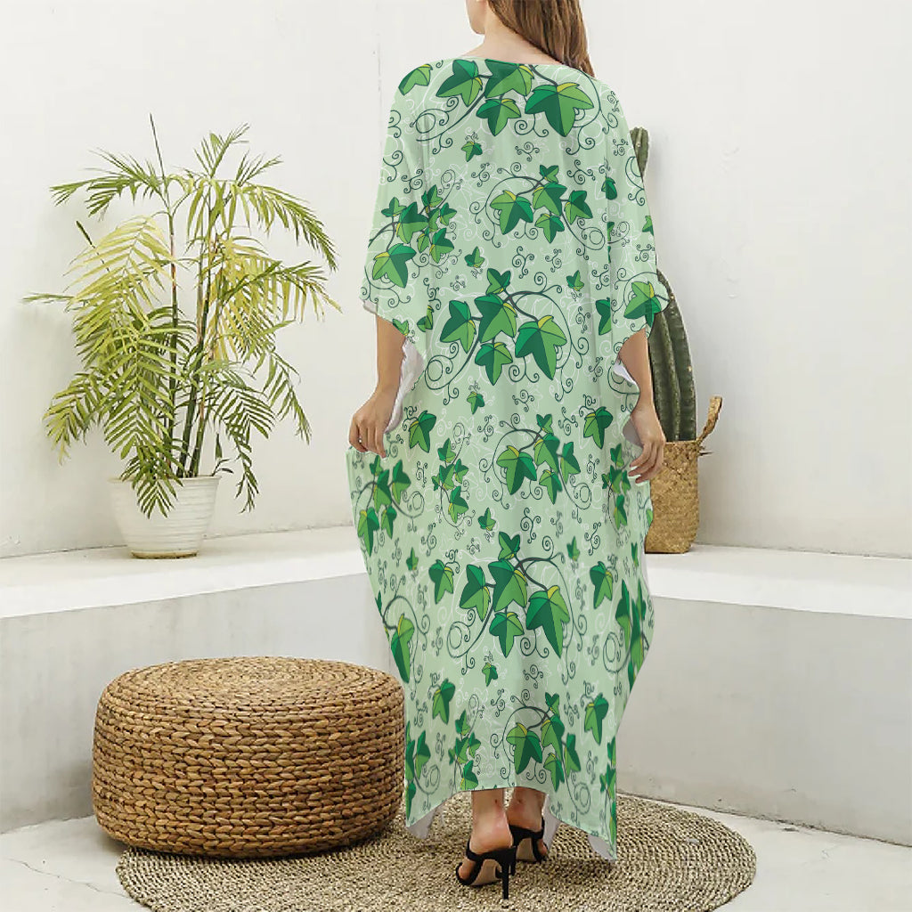 Christmas Ivy Leaf Pattern Print Silk V-Neck Kaftan Dress