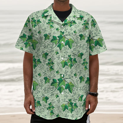 Christmas Ivy Leaf Pattern Print Textured Short Sleeve Shirt