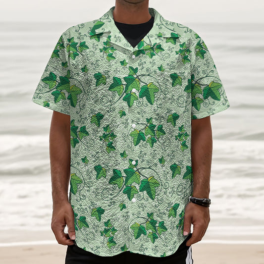 Christmas Ivy Leaf Pattern Print Textured Short Sleeve Shirt