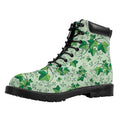 Christmas Ivy Leaf Pattern Print Padded Collar Lace Up Boots