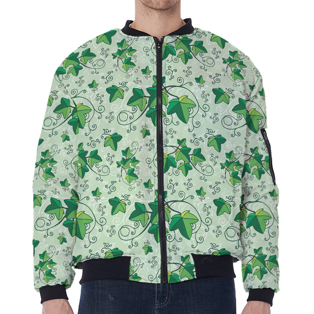 Christmas Ivy Leaf Pattern Print Zip Sleeve Bomber Jacket