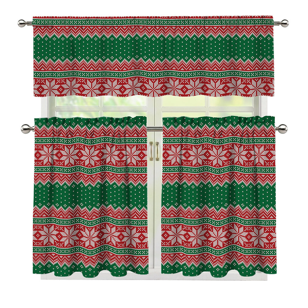 Christmas Knitted Pattern Print 3 Piece Kitchen Curtains