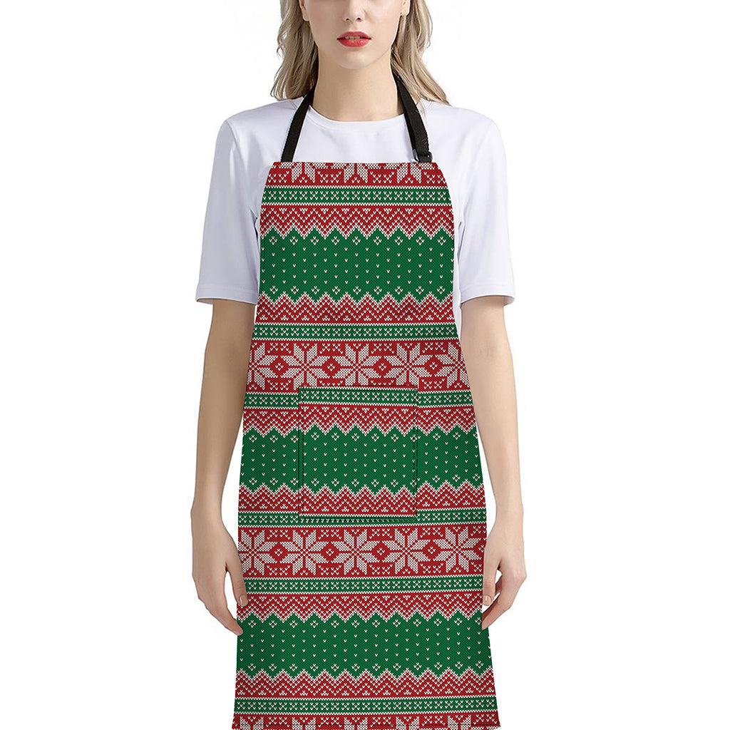 Christmas Knitted Pattern Print Bib Apron With Pocket