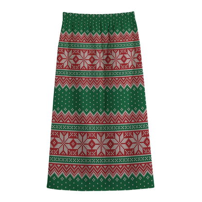 Christmas Knitted Pattern Print Cotton Front Slit Maxi Skirt