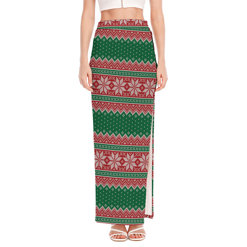 Christmas Knitted Pattern Print High Slit Maxi Skirt