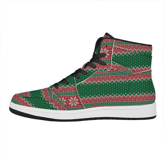 Christmas Knitted Pattern Print High Top Leather Sneakers