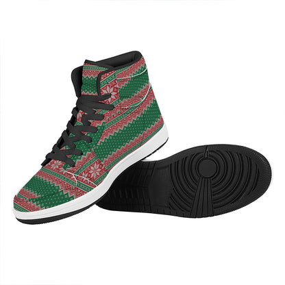 Christmas Knitted Pattern Print High Top Leather Sneakers