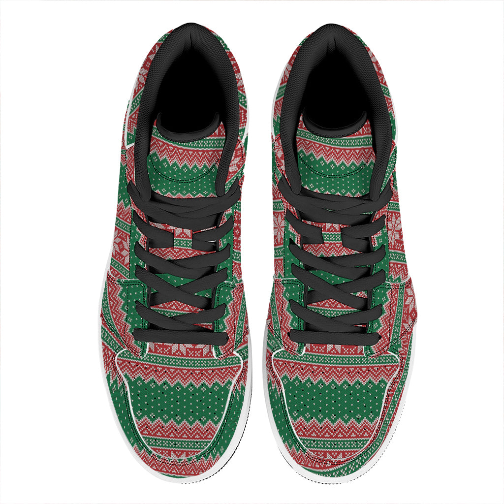 Christmas Knitted Pattern Print High Top Leather Sneakers