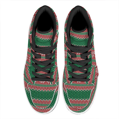 Christmas Knitted Pattern Print High Top Leather Sneakers