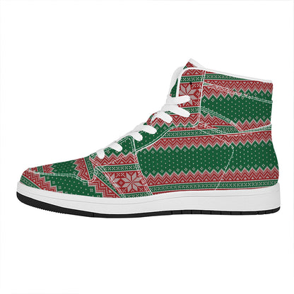 Christmas Knitted Pattern Print High Top Leather Sneakers