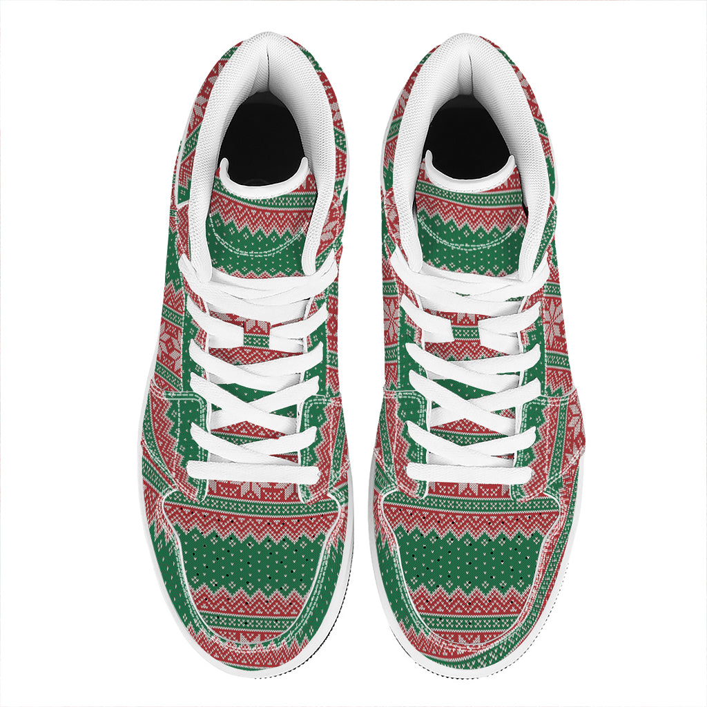 Christmas Knitted Pattern Print High Top Leather Sneakers