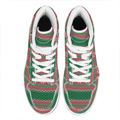 Christmas Knitted Pattern Print High Top Leather Sneakers