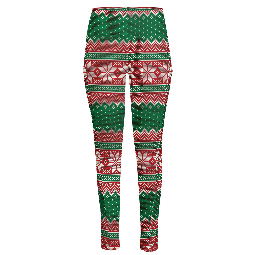Christmas Knitted Pattern Print High-Waisted Pocket Leggings