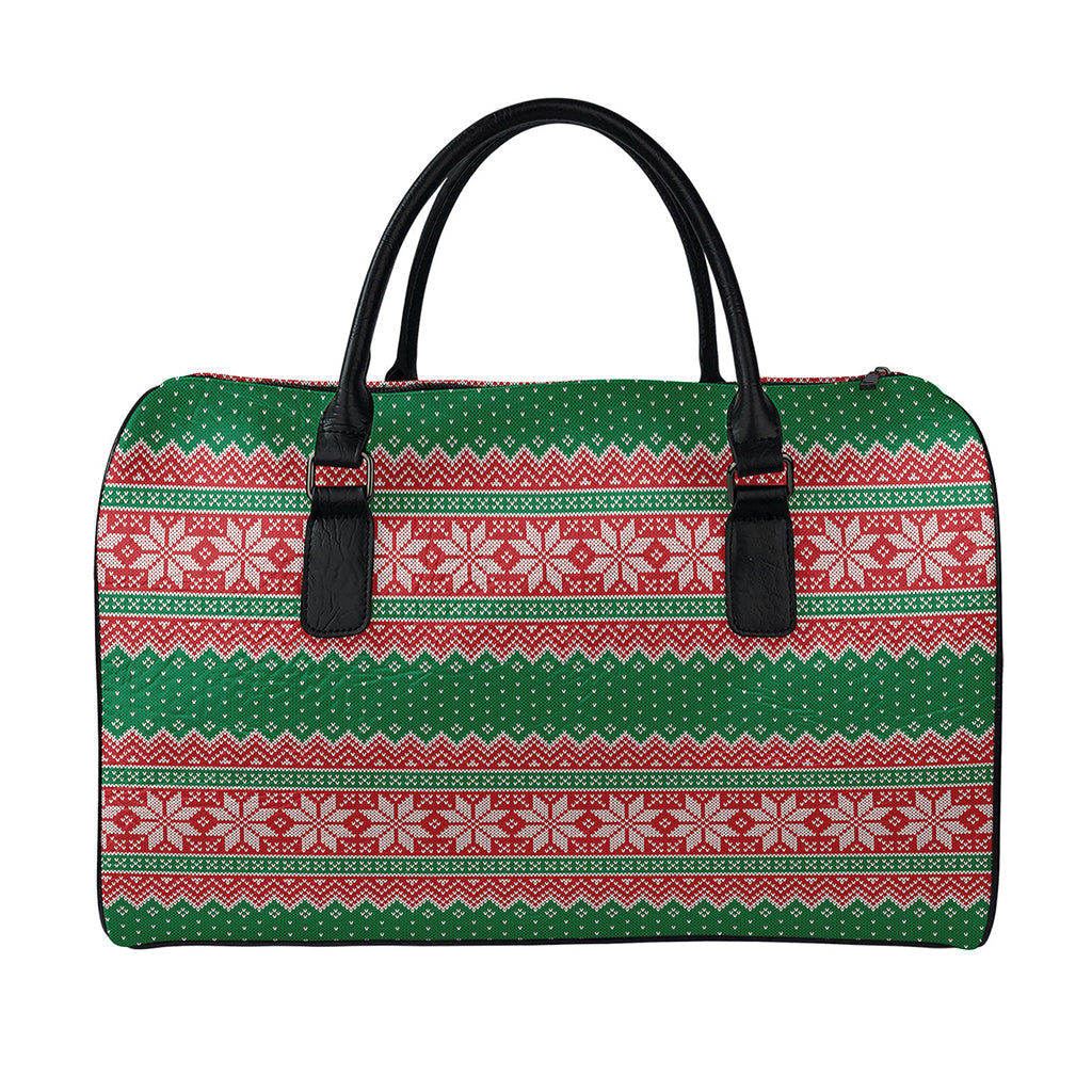 Christmas Knitted Pattern Print Leather Duffle Bag