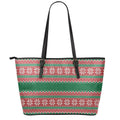 Christmas Knitted Pattern Print Leather Tote Bag With Zipper