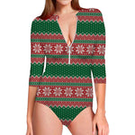 Christmas Knitted Pattern Print Long Sleeve Swimsuit