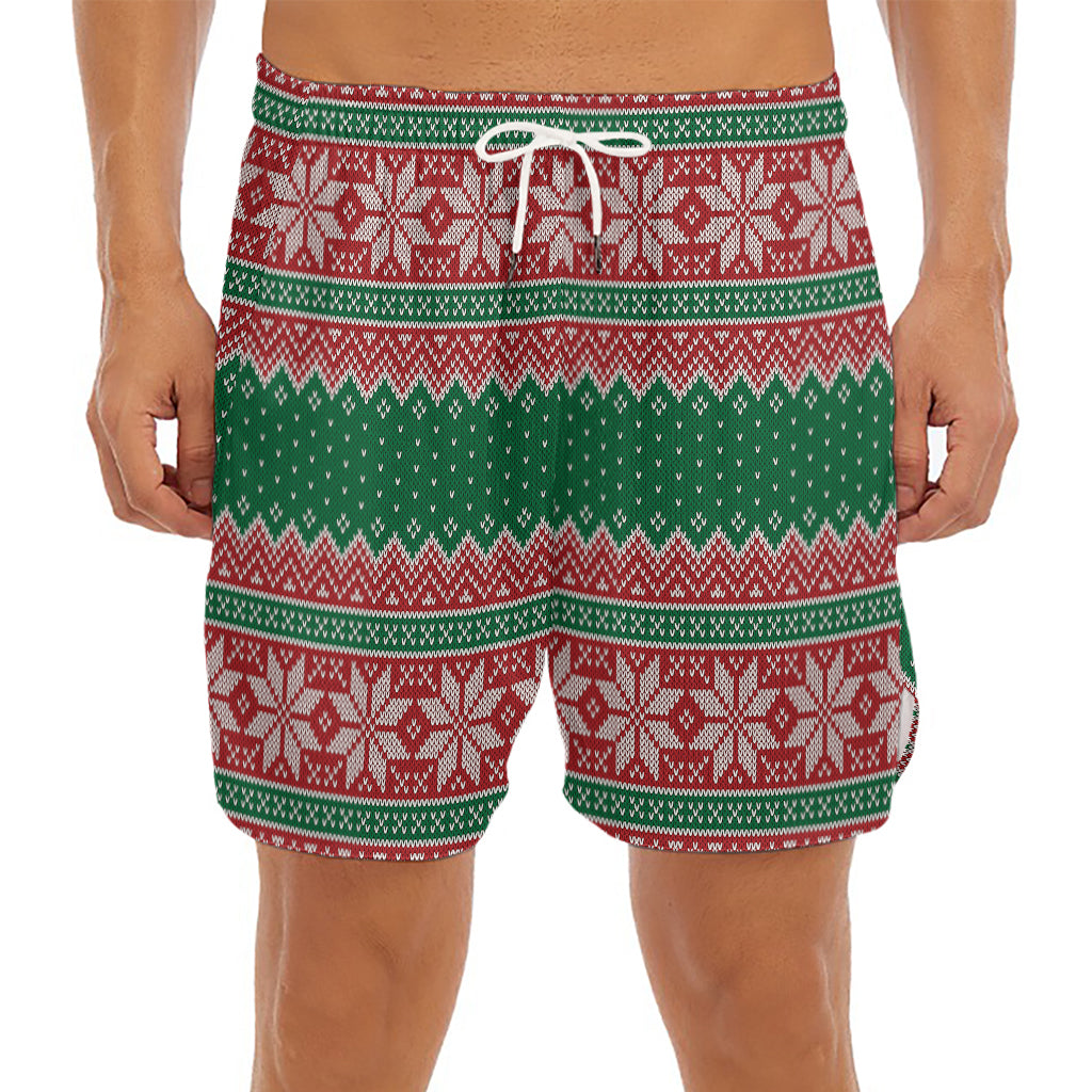 Christmas Knitted Pattern Print Men's Split Running Shorts