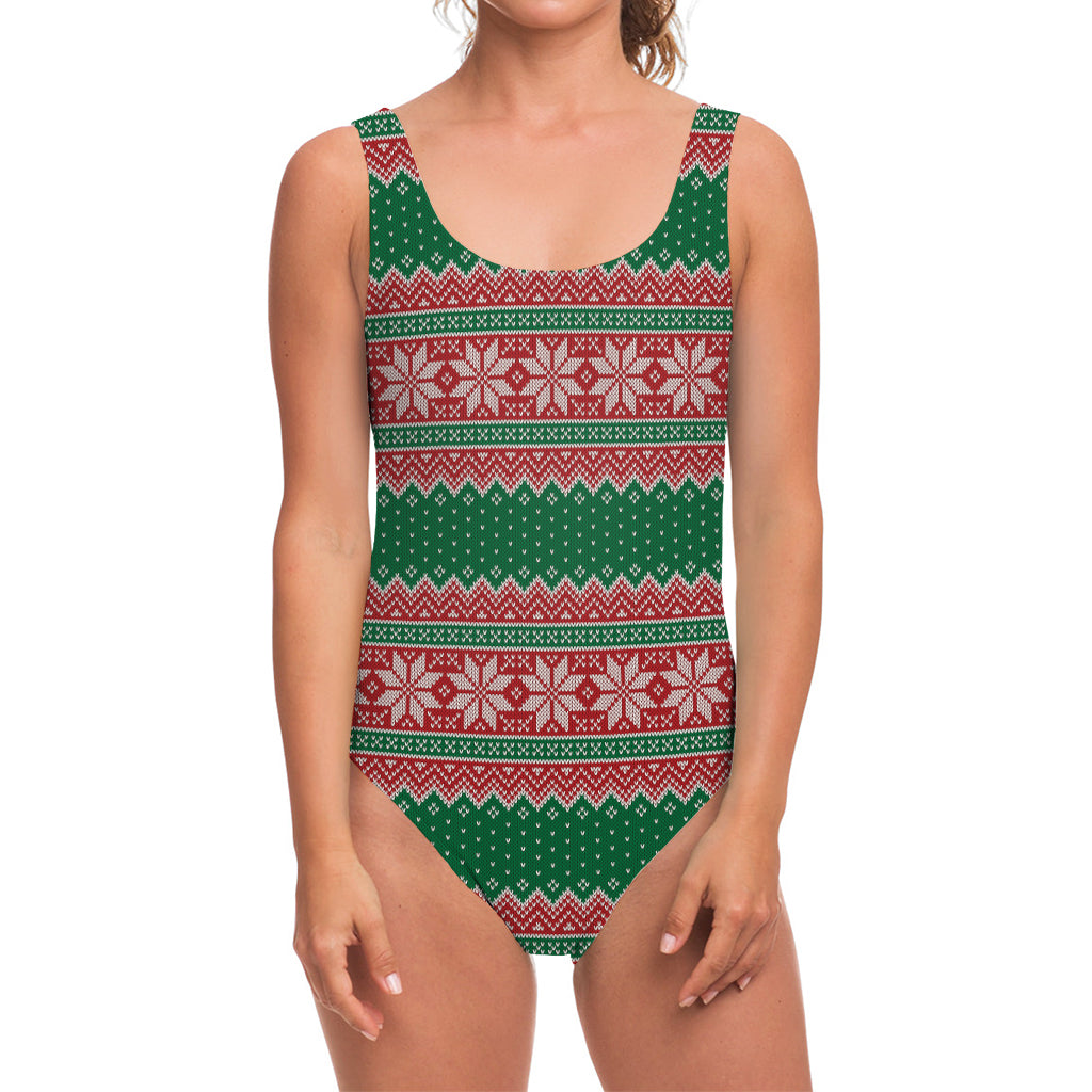 Christmas Knitted Pattern Print One Piece Swimsuit