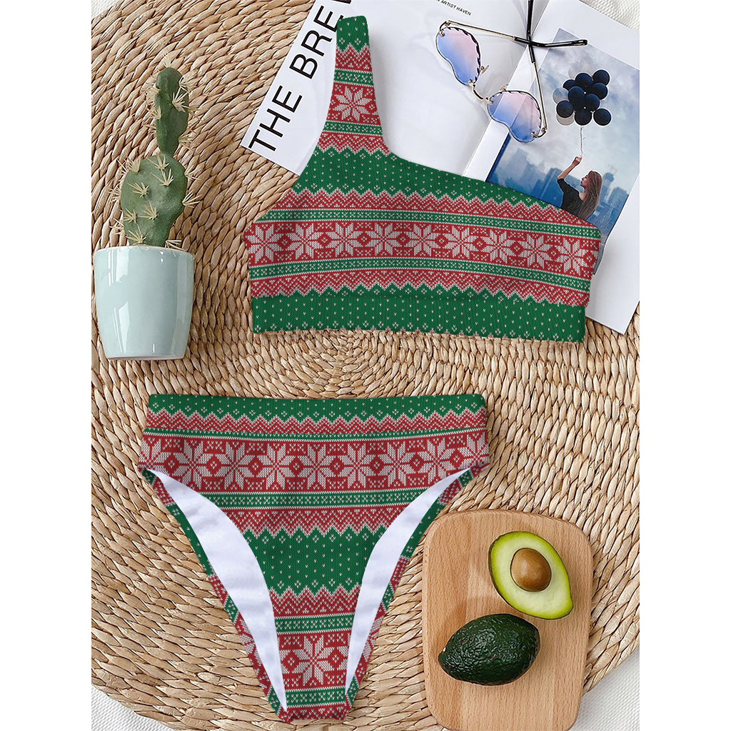 Christmas Knitted Pattern Print One Shoulder Bikini Top