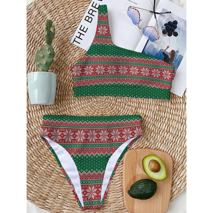 Christmas Knitted Pattern Print One Shoulder Bikini Top