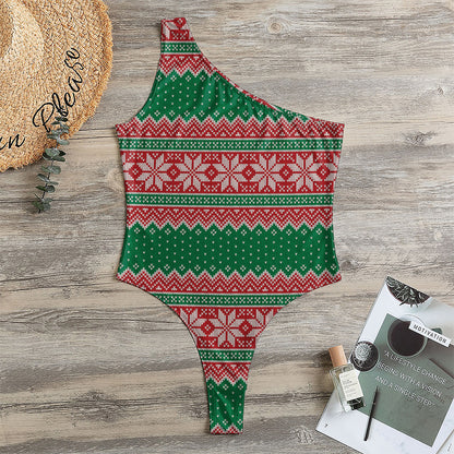 Christmas Knitted Pattern Print One Shoulder Bodysuit