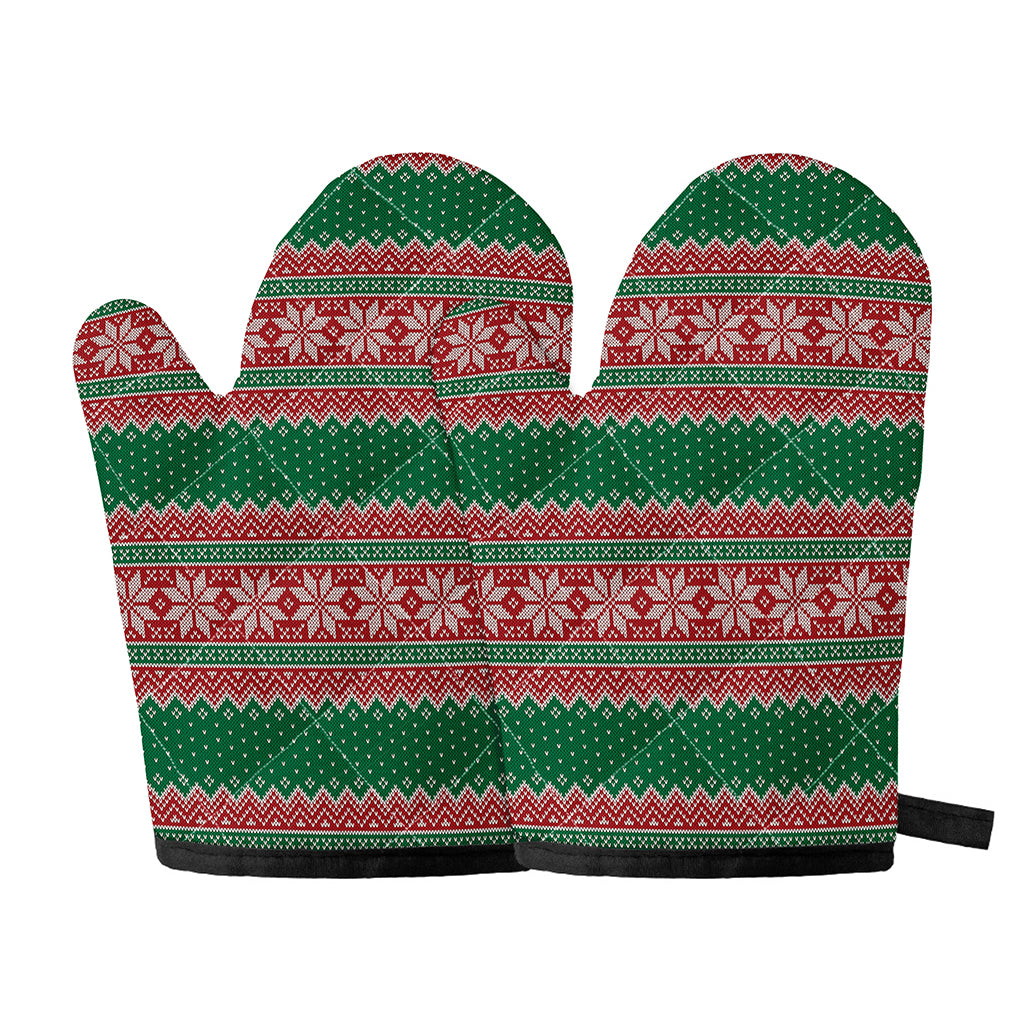 Christmas Knitted Pattern Print Oven Mitts