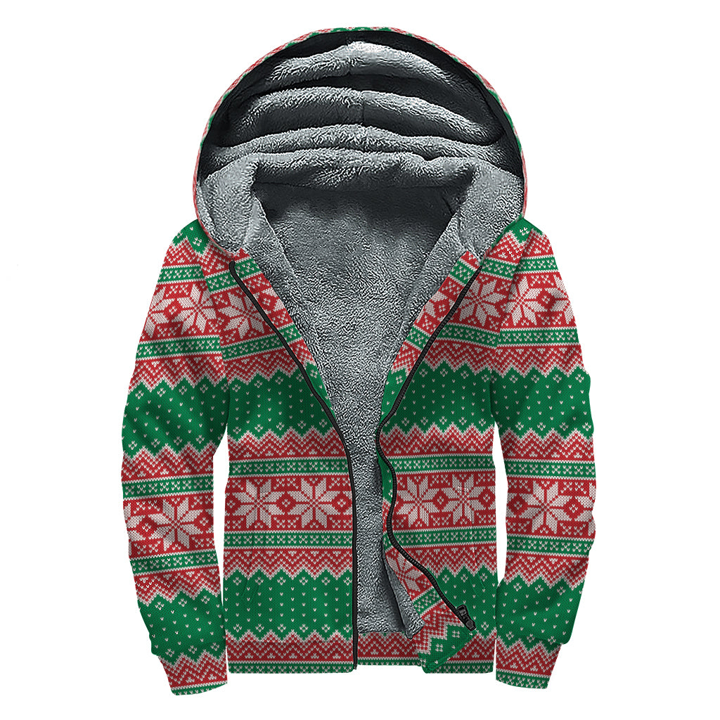Christmas Knitted Pattern Print Sherpa Lined Zip Up Hoodie