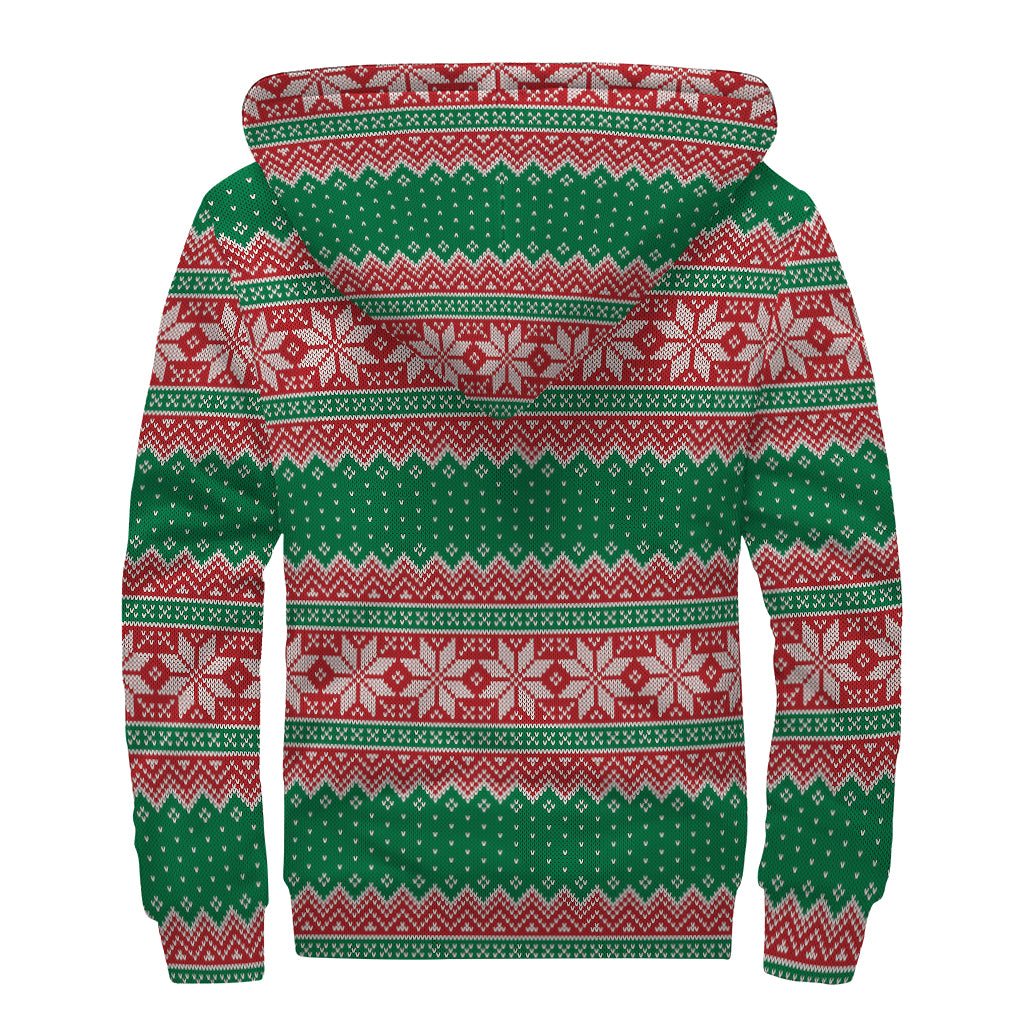 Christmas Knitted Pattern Print Sherpa Lined Zip Up Hoodie