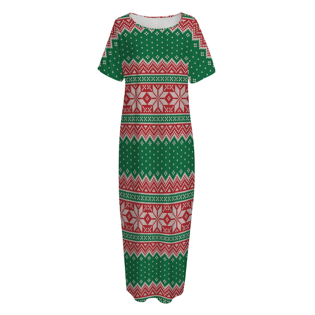 Christmas Knitted Pattern Print Short Sleeve Long Nightdress