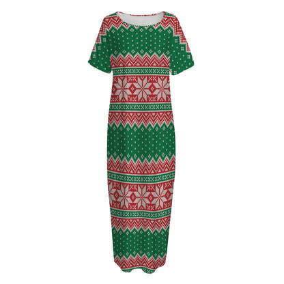 Christmas Knitted Pattern Print Short Sleeve Long Nightdress