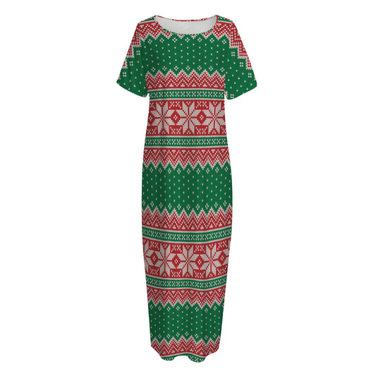 Christmas Knitted Pattern Print Short Sleeve Long Nightdress