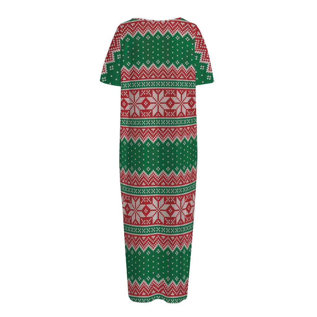 Christmas Knitted Pattern Print Short Sleeve Long Nightdress